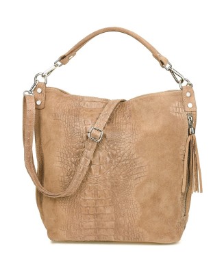 Beżowa torebka skórzana zamszowa damska shopper W10