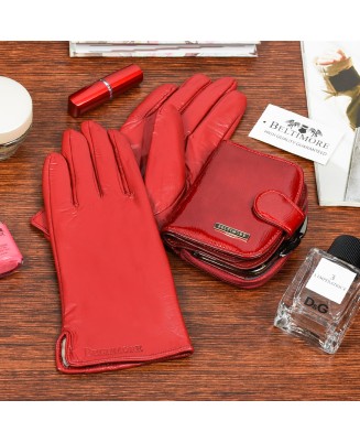 Skórzany portfel rękawiczki damskie zestaw prezent A01K25 