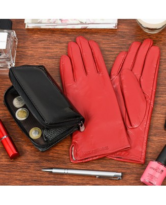 Skórzany portfel rękawiczki damskie zestaw prezent A02K25 