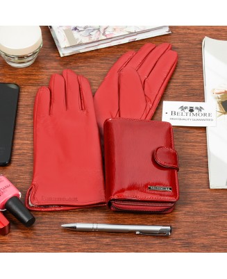 Skórzany portfel rękawiczki damskie zestaw prezent A02K25