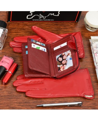 Skórzany portfel rękawiczki damskie zestaw prezent A02K25