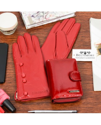 Skórzany portfel rękawiczki damskie zestaw prezent A02K26