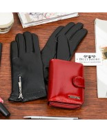 Skórzany portfel rękawiczki damskie zestaw prezent A02K27