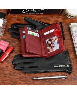 Skórzany portfel rękawiczki damskie zestaw prezent A02K27