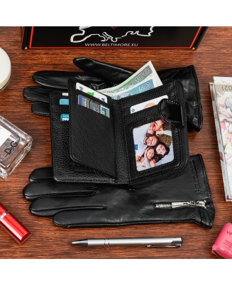 Skórzany portfel rękawiczki damskie zestaw prezent A02K27 