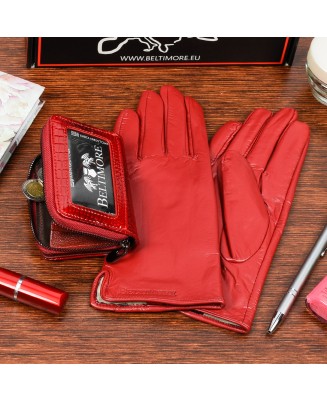 Skórzany portfel rękawiczki damskie zestaw prezent A05K25