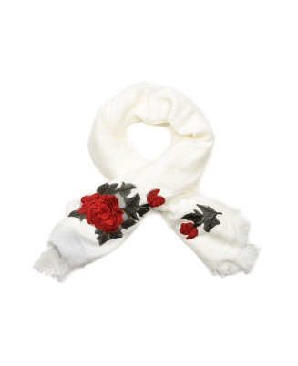 Biała ciepła chusta damska szal z wyszywaną różą duża Q80