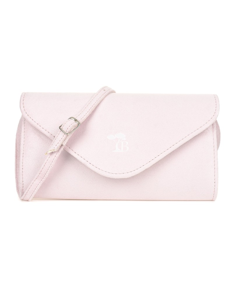 Pudrowo-różowa kopertówka na pasku, mała torebka kopertówka, elegancka kopertówka skórzana Beltimore W19