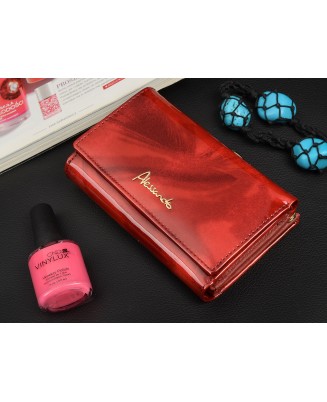 Czerwony skórzany portfel damski, elegancki lakierowany portfel z bigle, portfel RFiD Alessandro Paoli X71