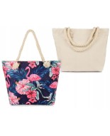 Różowa torba plażowa, torebka na plażę, flamingi i liście, płócienna torba na lato T69