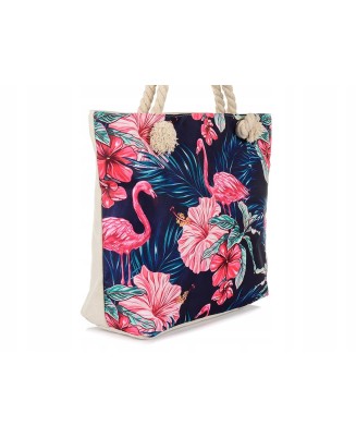 Różowa torba plażowa, torebka na plażę, flamingi i liście, płócienna torba na lato T69