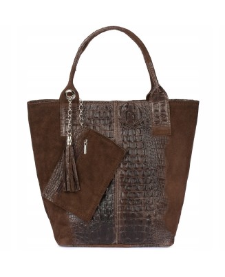 Torebka torba skórzana damska shopper na suwak duża A4 z kosmetyczką włoska L94