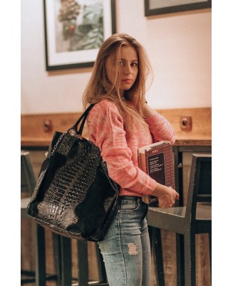 Torebka torba skórzana damska shopper na suwak duża A4 z kosmetyczką włoska L94