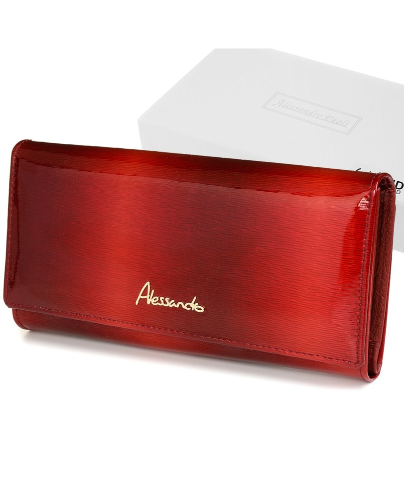 Czerwony dwuczęściowy duży portfel damski, lakierowany portfel skórzany RFiD Alessandro Paoli X63