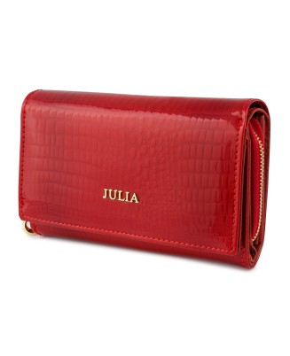 Czerwony skórzany portfel damski, duży lakierowany poziomy portfel Julia Rosso F57