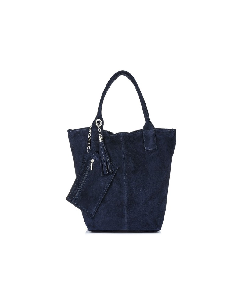 Torebka skórzana zamszowa WOREK duża A4 Z SASZETKĄ granatowa L82