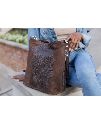 Ciemno brązowa torebka skórzana zamszowa shopper W10