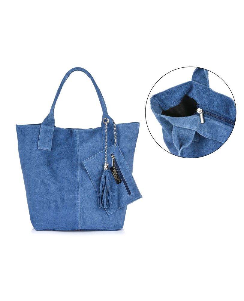 Niebieska torebka damska, duża skórzana torba shopper, torebka A4 do szkoły T49