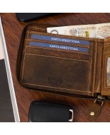 Portfel skórzany zasuwany duży poziomy RFiD nubuk jasny brąz Beltimore H01