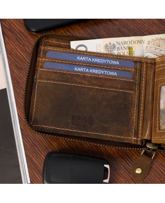 Portfel skórzany zasuwany duży poziomy RFiD nubuk jasny brąz Beltimore H01