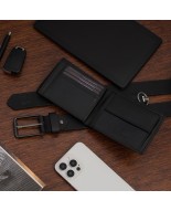 Zestaw prezentowy męski skórzany pasek portfel pudełko premium czarny Beltimore Z20