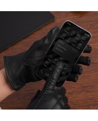Rękawiczki skórzane damskie czarne polar touch finger na dotyk BELTIMORE K39
