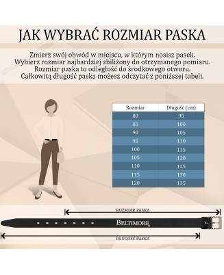 Skórzany pasek damski do spodni sukienki czarna skóra nat 2,5 cm Beltimore O08