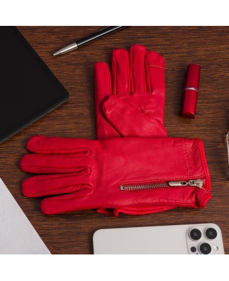 Rękawiczki skórzane damskie polar na dotyk TOUCH FINGER czerwone BELTIMORE  K27