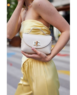 Torebka skórzana damska mała elegancka kopertówka wizytowa ecru P46