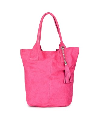 Fuksjowa Torebka skórzana zamszowa WOREK duża A4 Z SASZETKĄ L82