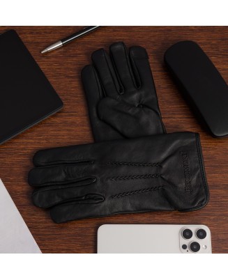Rękawiczki skórzane męskie polar miś touch finger DOTYK ekran czarne BELTIMORE K32