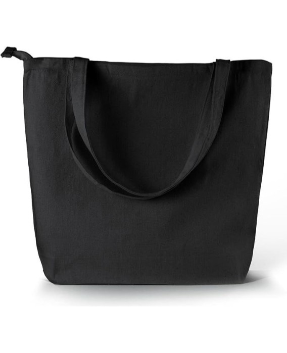 Torba na suwak CZARNY KOLOR duża szeroka bawełniana mocna gruba 220 GSM z suwakiem i kieszonką  TOTE BAG 45 x 40 cm BLACK_ZIP_1