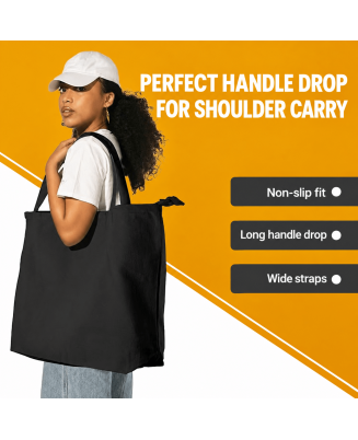Torba na suwak CZARNY KOLOR duża szeroka bawełniana mocna gruba 220 GSM z suwakiem i kieszonką  TOTE BAG 45 x 40 cm BLACK_ZIP_1
