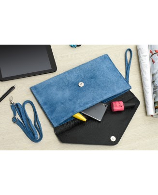 Niebieska zamszowa kopertówka, skórzana torebka wieczorowa, włoska kopertówka Vera Pelle N12
