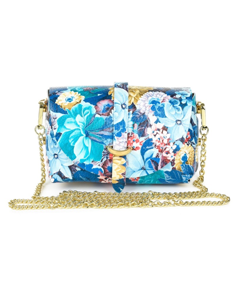 Niebieska w kwiaty kopertówka, mała torebka wizytowa na łańcuszku, elegancka torebka damska włoska Vera Pelle P45