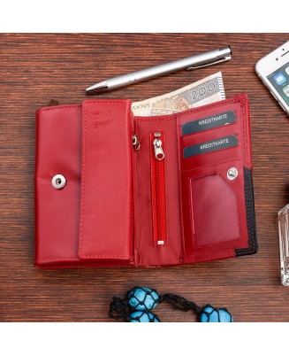 Czerwony skórzany portfel damski, elegancki poziomy portfel RFiD Beltimore 036