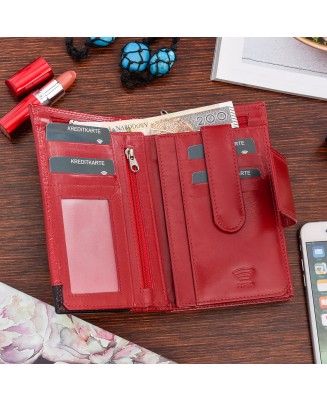 Czerwony skórzany portfel damski, pionowy portfel RFiD Beltimore 039