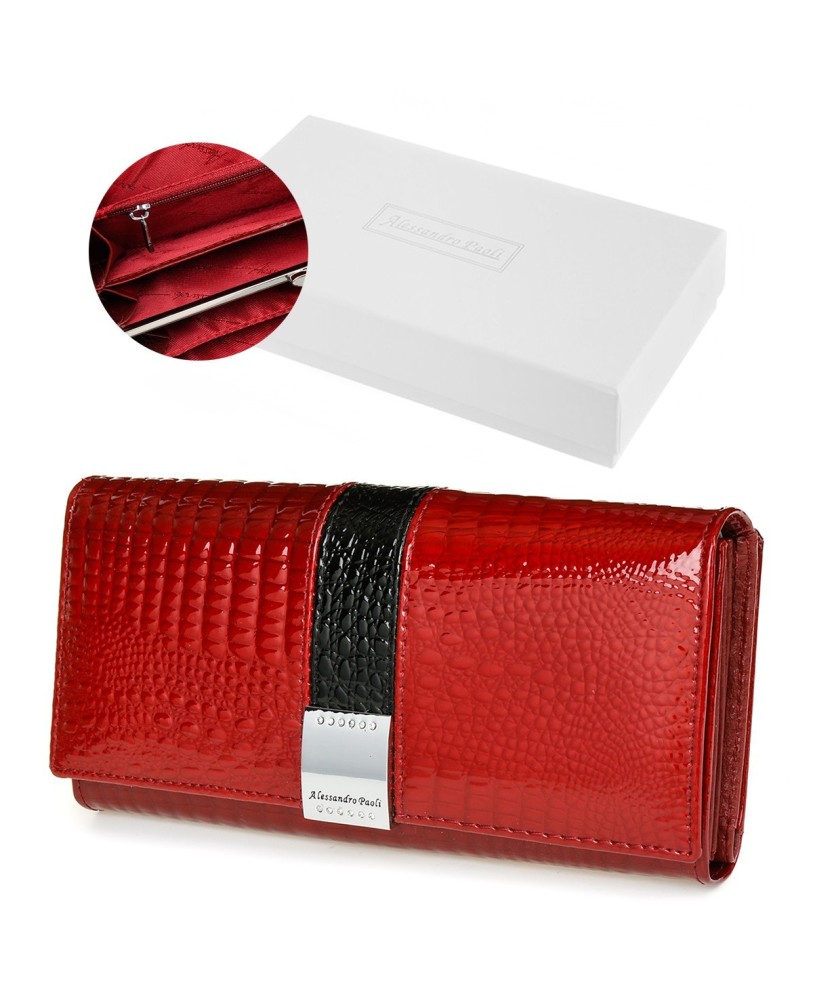 Portfel damski czerwony skórzany RFID pudełko Alessandro G38