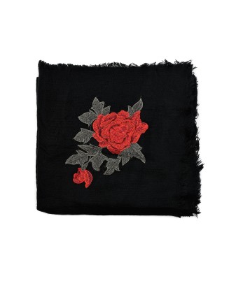 Czarna ciepła chusta damska szal z wyszywaną różą duża Q80