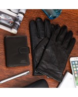 Zestaw męski skórzany portfel pionowy rękawiczki czarne Beltimore T82