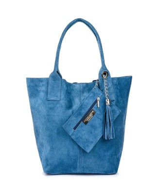 Niebieska  torebka skórzana, lekka zamszowa torebka damska, torba shopper L82