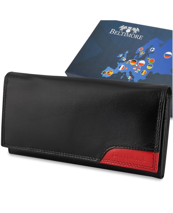 Damski skórzany portfel duży poziomy retro RFiD czarny BELTIMORE 040
