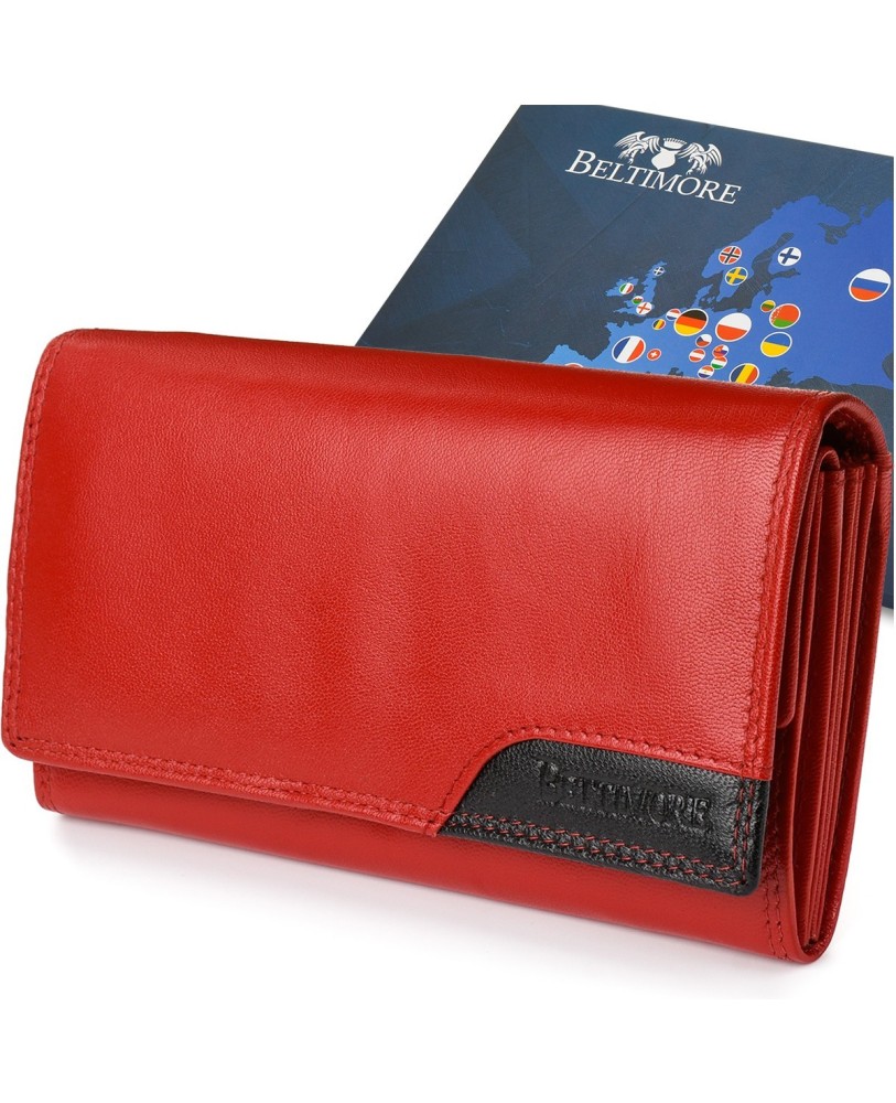 Damski skórzany portfel duży na bigiel poziomy retro RFiD czerwony BELTIMORE 043