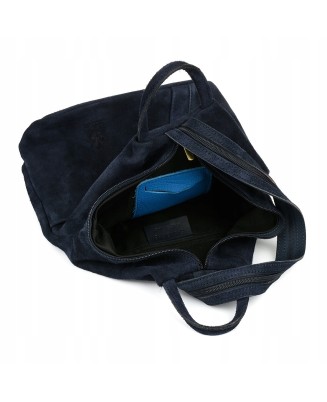 Granatowy plecak zamszowy, skórzany plecaczek damski, włoski plecak Vera Pelle T53