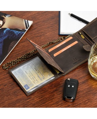 Brązowy portfel vintage, portfel męski ze skóry, portfel skórzany z łańcuchem RFiD Z49