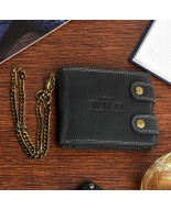 Czarny skórzany portfel męski, poziomy portfel z łańcuszkiem vintage WILD Z48