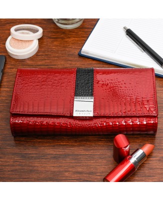 Czerwony lakierowany portfel, duży skórzany portfel damski RFiD Alessandro Paoli G32
