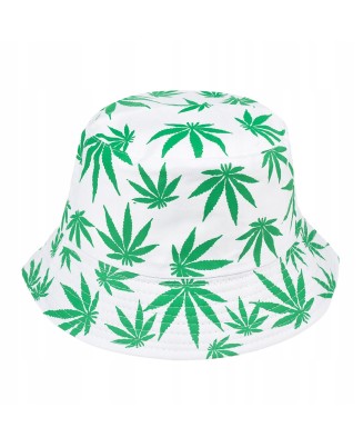 Biały kapelusz w zielone liście, dwustronny kapelusz wędkarski, bucket hat kapm3 