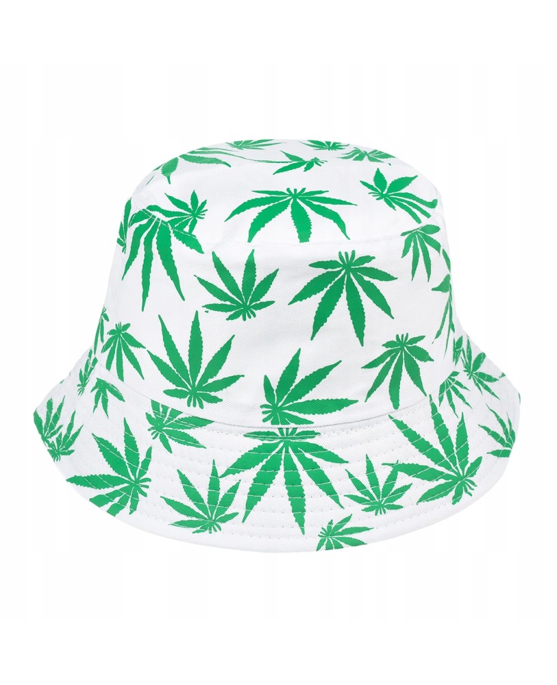 Biały kapelusz w zielone liście, dwustronny kapelusz wędkarski, bucket hat kapm3 