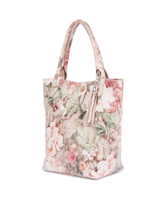 Pudrowo różowa włoska torebka skórzana w kwiaty A4 modna shopperka T49